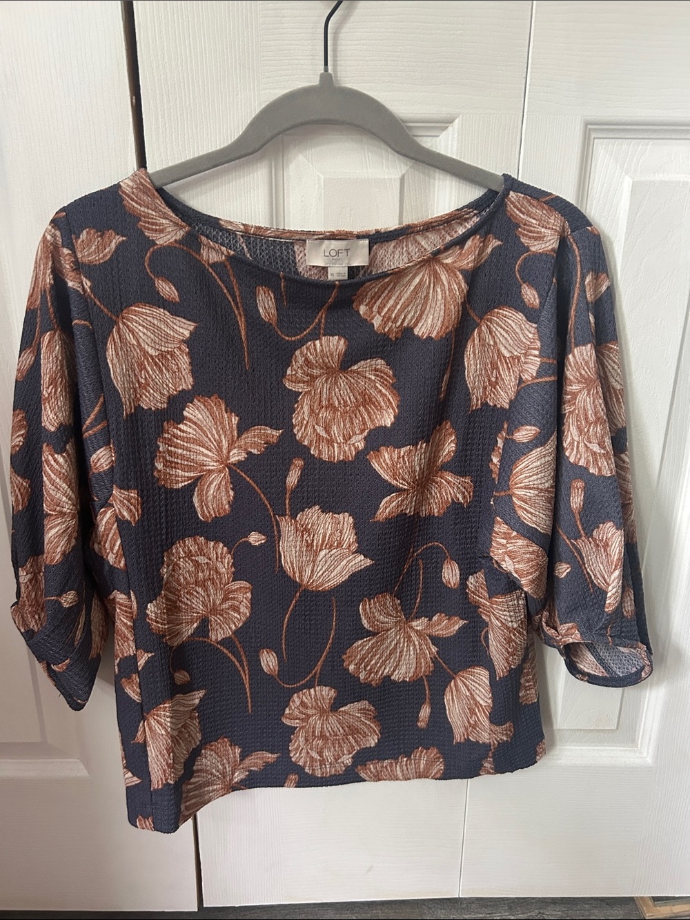 Loft Women's Navy Blue Floral Puff-Sleeve Top - chestnut Print